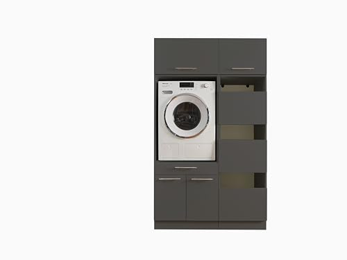 Laundreezy Waschmaschinenschrank, Wäscheschrank und 2X Schrankaufsatz, Anthrazit - Waschmaschinen-Überbauschrank TÜV-Zertifiziert mit viel Stauraum - 117,5 x 200 x 67,5 cm (B/H/T)