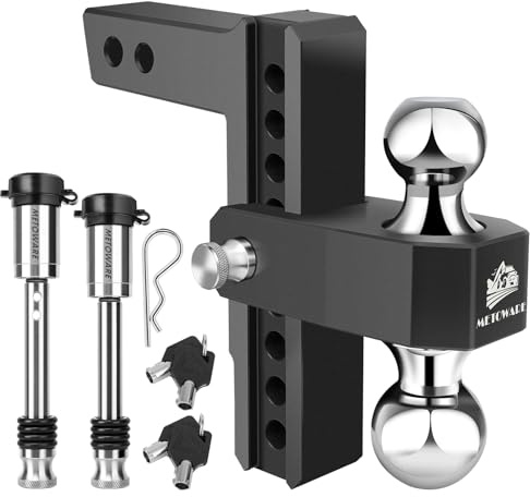 METOWARE Adjustable Drop Hitch - Aluminum Tow Hitch Fits 2-Inch Receiver - Heavy Duty Trailer Hitch with 8-Inch Drop/Rise for Truck (12,500 LBS GTW), Double Anti-Theft Stainless Steel Pin Locks(Black)