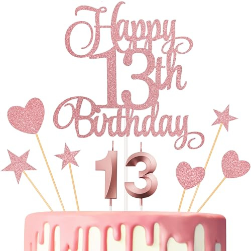 Lecferrarc 13th Birthday Cake Decorations, 13th Birthday Candles Cake Numeral Candles and Glitter Happy 13th Birthday Cake Toppers Set for Birthday Party Supplies (Rose Gold)