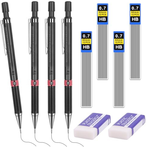 Tikplus Portamine a pressione, set da 4 pezzi con 4 tubetti (48 pezzi), matita HB MienenenenMatite, 2 gomme, matita meccanica per disegnare (portamine 0,7)
