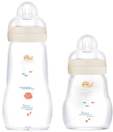 MAM Baby glasflaskor 2-pack Feel Good från födseln 170 ml & 260 ml, glasmatning babyflaska, uni