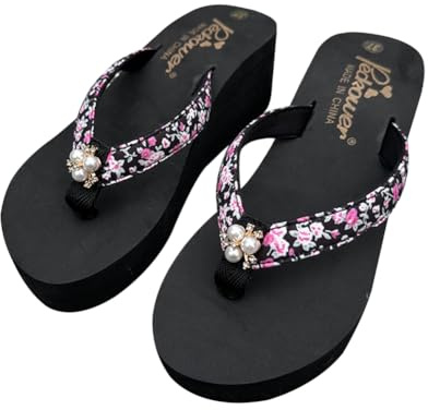 Teceyfeet Sandales d'été pour femme avec perles et strass - Sandales compensées pour femme - Sandales à plateforme - Séparateurs d'orteils pour fille - Chaussures de plage, Noir , 37 EU