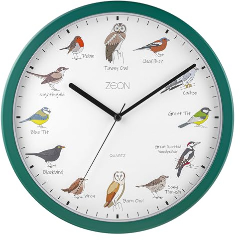 ZEON Birdsong Analogue Wall Clock, with Hourly Birdsong Announcements, Green, 29.5 cm, CE4558