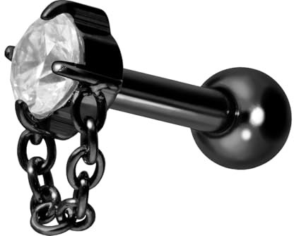 PIERCINGLINE Titan Ohrpiercing mit Gewinde KRISTALL + KETTE Piercing Ohr Nase Schwarz 1,2 x 6 mm