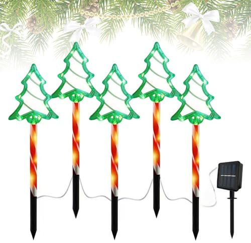 Lot de 5 décorations de Noël solaires d'extérieur - Résistantes aux intempéries - Avec LED et 8 modes d'éclairage - Pour jardin, cour, pelouse, trottoir (arbre de Noël)
