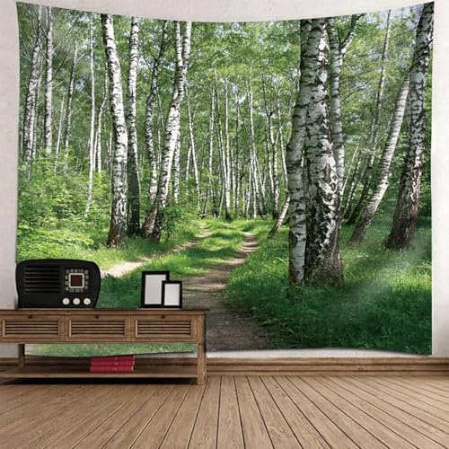 Mesnt Wandteppich Wald, 260x240cm Birkenwaldlandschaft Natur Landschaft Wanddeko für Schlafzimmer Wohnzimmer Wohnheim | Grün