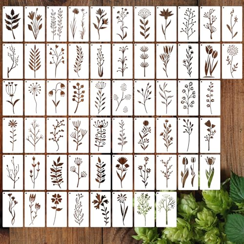 JSRQT 60 Pezzi Stencil di Fiori Selvatici, Modello di Stencil per Pittura di Plastica Riutilizzabili, Kit di Stencil per Pittura Disegno Primaverile per Legno Tela Scrapbooking Creazione di Biglietti