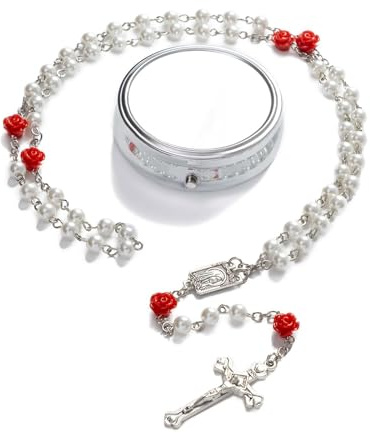 Rosariene Pearls Catholic - Confirmation Gifts for Teenage Girls, Silver Simple Style Metal Gift Box, White Imitation Pearl Rosary
