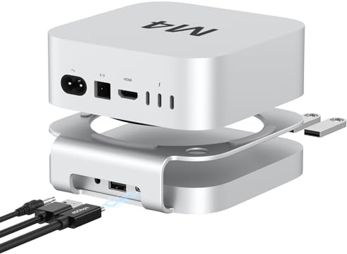 AKKYAJAURE 40 Gbit/s USB4-Hub und Ständer für Mac mini M4/M4 Pro, Aluminium-Dockingstation mit 40 Gbit/s M.2 SSD (NVMe PCle) Gehäuse, 3 x USB 2.0, 3,5 mm Audio, USB4 Host, Mac mini M4 USB-4 Dock