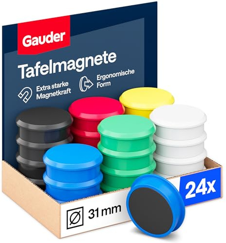 GAUDER Magnete für Magnettafel & Kühlschrank (31x10mm - 24 STK - bunt) | Starke, große Tafelmagnete aus Ferrit, Whiteboard- und Kühlschrankmagnete, runder Magnet mit Halt, für Büro, Schule, Haushalt