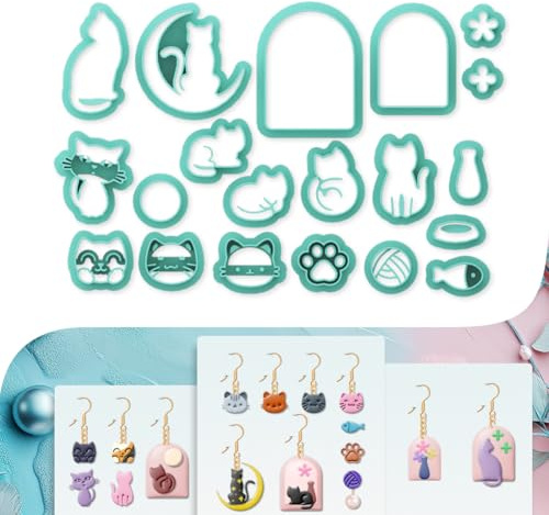 Beinkmake Lot de 20 emporte-pièces en argile polymère Formes chat, lune, chaton Bijoux en polymère pour boucles d'oreilles Fête d'anniversaire