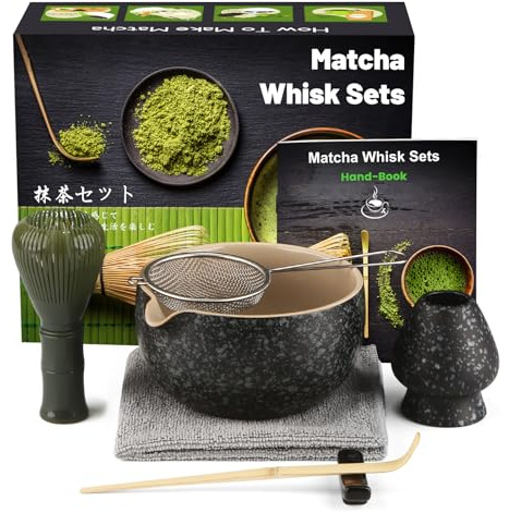 Ensemble de 7 pièces de matcha pour la cérémonie du thé traditionnelle japonaise avec balai, cuillère, poignée de whisky, Shovel et formateur - Meilleur cadeau