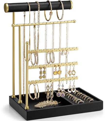 Vlando Schmuckständer mit Ringhalter, Schminktisch Organizer mit Ablage, Schmuckaufbewahrung Halskettenhalter, Zimmer Deko Halterung, Ohrringhalter,Schwarz