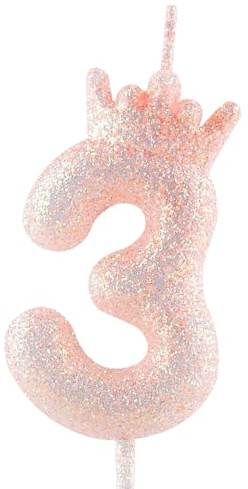 Candela di compleanno con corona rosa glitterata, 3. Candela di compleanno rosa scintillante con numero per decorazioni per torte per ragazze, feste a tema, anniversario di matrimonio, celebrazioni