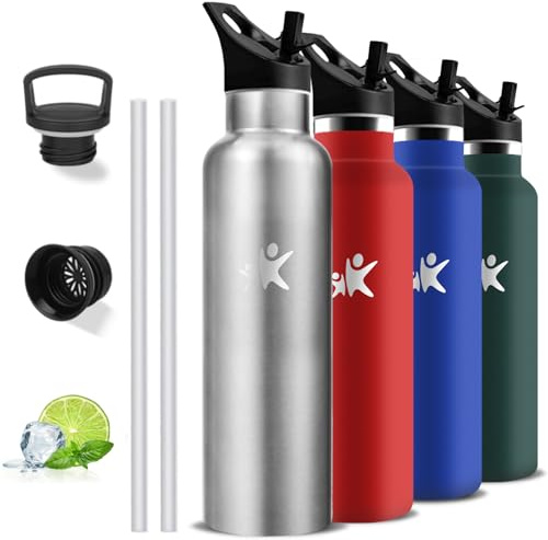 Gourde Isotherme, Gourde 1l, Sans BPA, Bouteille Isotherme Paille, Anti Fuite, Bouteille Inox, Acier Inoxydable 18/8, Double Isolation, Bouteille d'eau pour Randonnée, Camping, Yoga, Sport, Aptitude