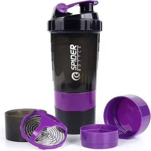 YDYxieji 16oz Protein Shaker Bottle, 3 Layer Twist Off GYM Shaker Cup Shake Bottle with Mix Grid and Pill & Supplement Storage, Leak Proof Shaker for Protein Shakers (Purple)