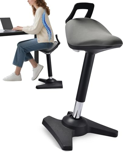 Taburete de pie con cojín estándar – Taburete de oficina ergonómico con función basculante, taburete regulable entre 60 – 85 cm, taburete con pie trapezoidal antideslizante, promueve la posición