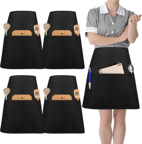 Vorbinder Schürze 4 Stück Taillenschürze Halbschürze Kurz mit 3 Taschen, 63x47cm Küchenschürze Kellnerschürze für Damen Herren, Wasserdicht für Kochen Backen Restaurant Bistro Café Garten Reinigen