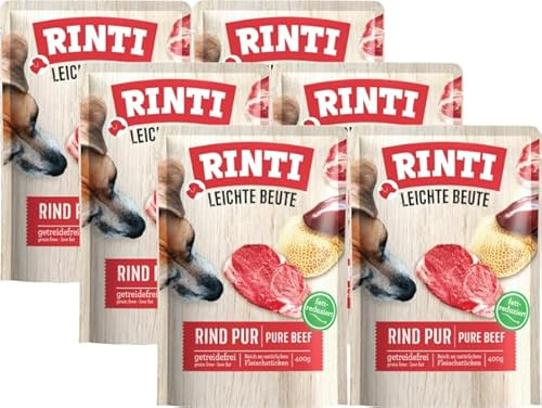 Rinti Leichte Beute Rind 6 x 400g | Getreidefreies Nassfutter | Monoprotein | Mit Leinöl & Flohsamen | Wenig Fett & gut verträglich | Ohne Soja | Umweltfreundlicher Frischebeutel