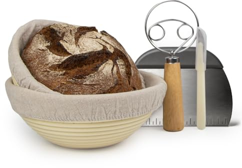 Gärkörbchen 2er Set aus PP | Schimmelfre,Lebensmittelecht, Waschbar | Brotbackset inkl. Brot Lame, Teigschaber & Leinentuch (Rund 20&22cm)