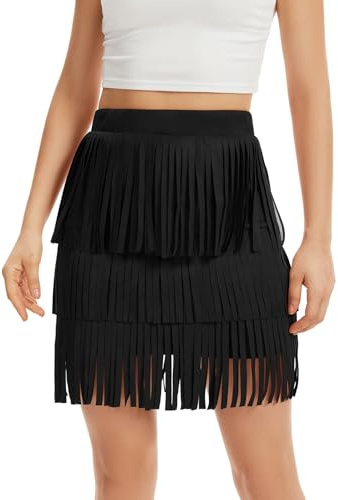 Western Cowgirl Fringe Skirt,High Waisted Mini Suede Skirts,Country Concert Rave Festival Booty Tassel Bottoms Black