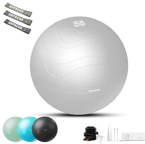 HAPBEAR Exercise Ball 48-55cm - Anti-Burst Slip-Resistant Yoga/Pilates Ball for Core Training & Posture Improvement, Home Gym/Rehab/Pregnancy Ball, Quick Pump & 3 Resistance Bands Included