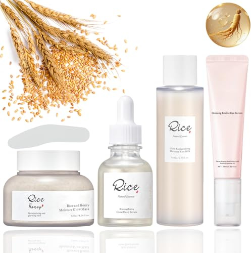 4 Stück Korean Skincare Set – Rice Toner, Rice Arbutin Serum, Rice & Honey Glow Mask, Ginseng Eye Serum, Skin Care Set für Feuchtigkeit, Koreanische Skincare für Einen Strahlenden Teint