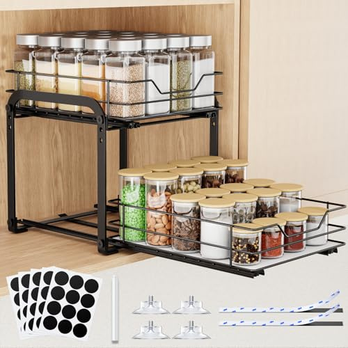 AHOMSEL 2 Etagen Gewürzregal Ausziehbar, Höhenverstellbar Küchenschrank Organizer, Gewürzregal Stehend mit Aufkleber für Schrank Küche Arbeitsplatte, L26*B18*H23cm
