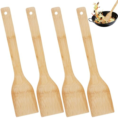 4 Stück Holz Pfannenwender, 30 cm Wooden Spatula, Langem Griff