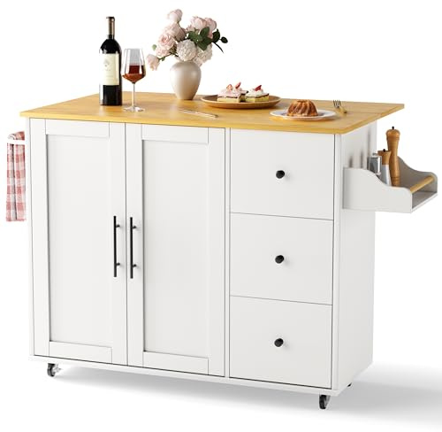 GRUSIGN Kitchen Island on Wheels with Storage-Multifunctional Kitchen Island Cart with Drop Leaf, Rolling Island with Spice/Towel Rack,Expandable Island Table Kitchen,39.37 Width,White