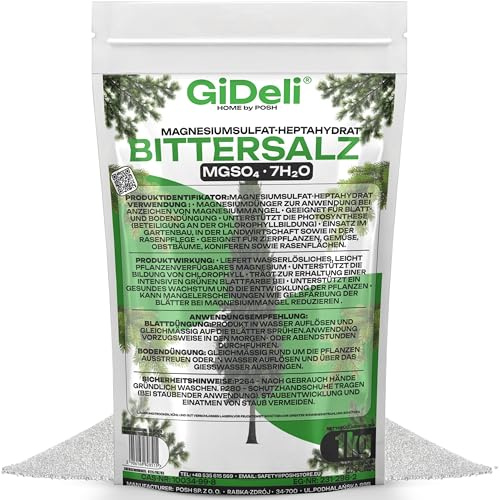 GiDeli Bittersalz Magnesiumsulfat 1 kg Dünger für Koniferen & Thuja | gegen gelbe Blätter und Nadelbräune, wasserlösliche Kristalle, für Blattdüngung und Gießen, auch für Rasen
