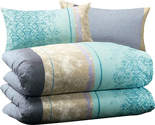 Erwin Müller Flanell-Bettwäsche4-tlg. Sparpaket, gemusterte Streifen Mint-Silber Größe 80x80 cm / 135x200 cm - samtweich, temperaturausgleichend, mit praktischem Reißverschluss