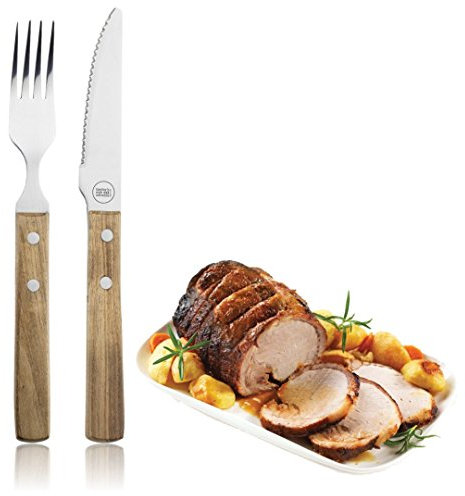 Steak Knife and Fork Cutlery Set - Traditional 2-Piece Set Made with Acacia Wood Handles Attached by A Double Rivet System and Fine Polished Stainless Steel Prongs and Serrated Blade