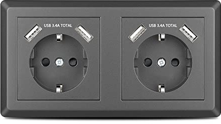 Kaifire Doppelsteckdose mit 4 USB Anschlüssen Grau, Schuko USB Steckdose System 55 unterputz Passt in Standard 2-fach Unterputzdose, Ladegerät für Smartphone Tablet MP3