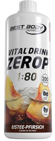 Best Body Nutrition ZEROP Vital Zuckerfreies Getränkekonzentrat Sirup Eistee-Pfirsich Ohne Aspartam 1 L ergibt 80 L Getränk Fitness Drink mit Vitaminen B1 B6 Niacin Kalorienarm Wassersprudler | Zuckerfrei, ohne Aspartam, kalorienarm, mit Vitamin B1, B6 und Niacin, Mischverhältnis 1:80, Geschmack Eistee Pfirsich