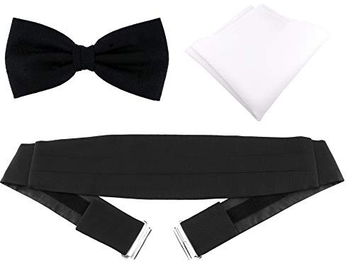 TigerTie - Herren Kummerbund Pique + Fliege in schwarz uni gemustert + Einstecktuch in weiss - Smoking Style