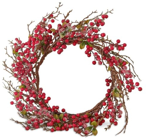 Loberon Kranz Usovo, Vogelbeere-Nachbildung, mit zuckrigem Frost-Look, Wandschmuck, Weihnachtsdekoration, Weihnachten, Styropor, Polyethylen, Eisen, rot/braun