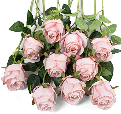 Flojery 10pcs Artificial Rose Flowers Long Stem Fake Silk Roses for DIY Wedding Bouquet Table Centerpiece Home Decor (Light Pink)