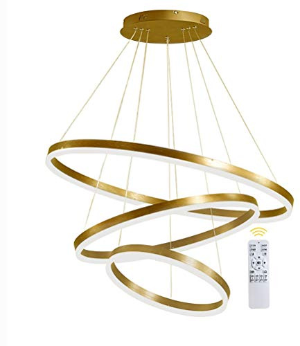 GaoHX Dimmbar mit Fernbedienung LED Kronleuchter Deckenbeleuchtung Gold 90W LED Integriertes Licht Moderne Kreis Pendelleuchte Einstellbare Hängeleuchte Kreative 3-Ringe Deckenleuchten, 40+60+80cm