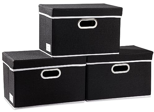 PRANDOM Aufbewahrungsbox mit Deckel,Faltbarer Aufbewahrungsboxen, Aufbewahrungskorb mit Griff,Dekorative Stapelboxen,Organizer Container,Schwarz[3-stück] 38x25x25cm
