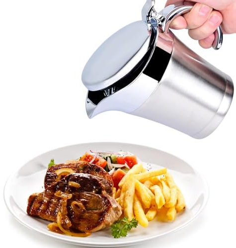 Premium Edelstahl Thermo Sauciere, Soßenkanne mit Klappdeckel, Doppelt Isoliert Eleganter Silberner Thermo Sauciere Soßenkanne Perfekt für Abendessen, Restaurants, Partys, Weihnachten