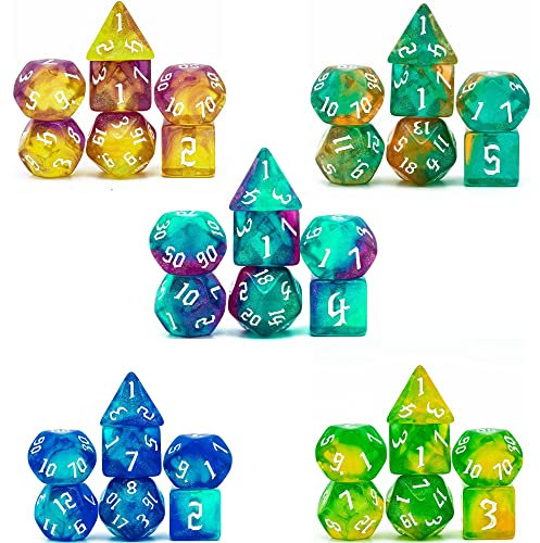 Poludie 5 Sets DND Dice, Polyhedral Dice Set (35pcs) with Leather Die Bag, D&D Die Set for Dungeons and Dragons, RPG Table Games (Sickle Font Double Color Glitter Series).