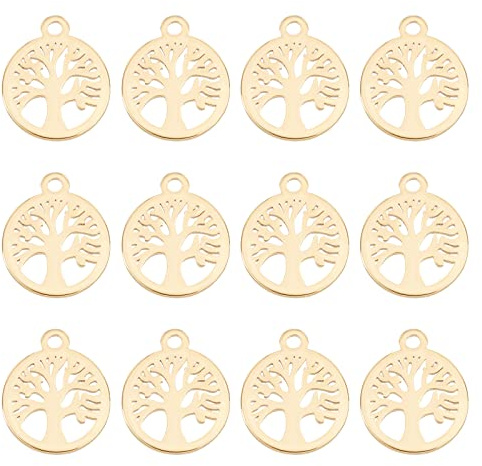 UNICRAFTALE 12 Stück Golden Flach Rund Baum Charms Edelstahl Anhänger Metall Kleines Loch Baum des Lebens Charms Für Halsketten Armbänder Schmuckherstellung, Loch 1.2 mm