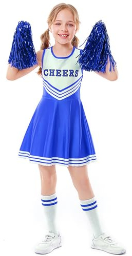 LOLANTA Cheerleader Kostüm Kinder, Cheerleadering Outfit Mädchen mit Pompons(10-11 Jahre,Blau,Tag 150)