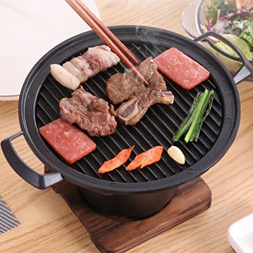 GLJAN Holzkohlegrill mit Non-Stick-Backpfanne, Mini-Grill in Innenräume, mit Holzsockel for Picknick-Garten-Balkon Camping (Color : Black, Size : 21 * 12cm)