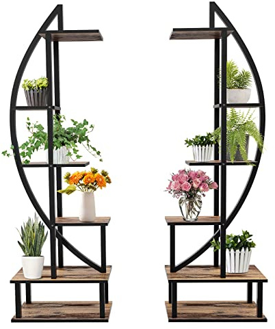 Elevens 2 Pcs 6 Tier Tall Metal Indoor Plant Stand Half-Moon-Shaped Plant Shelf Holder Multi-Purpose Plant Stands Plants Decor Plant Stands for Home Decoration (arc-Oak),Brown