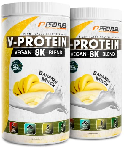 Vegan Protein BANANE 2x750g - V-Protein 8K Blend - unglaublich lecker & cremig - mit Protein aus Sonnenblume, Reis, Erbse, Hanf, Kürbis uvm. - pflanzliches Proteinpulver mit 81% Eiweiß