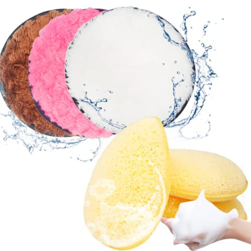Eponge Demaquillant Lavable,Disque Demaquillant Reutilisable Tampons Démaquillants Éponge 5pcs Lingettes Démaquillage Microfibre Visage démaquillant lavable kit -Eponge Demquillante a l'eau
