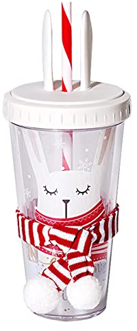 Water Cup with Straw and Lid, 420ml Double Wall Cute Water Tumbler with Snowball Scarf,Leak Proof Christmas Kids Water Bottles for Children, Adult, School, Office, Cycling, Sport, Travel (Rabbit)