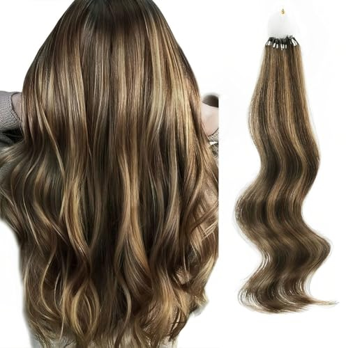 ABH AmazingBeauty Hair Micro Loop Human Hair Extensions 50g 50 Strands Micro Links Ring Hair Extensions Chocolate Brown with Caramel Blonde Highlights Straight 14 Inch